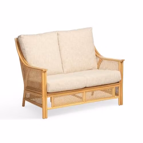 Desser Natural Rattan Chester 2-Seater Sofa with Beige and White Fabric Cushions
