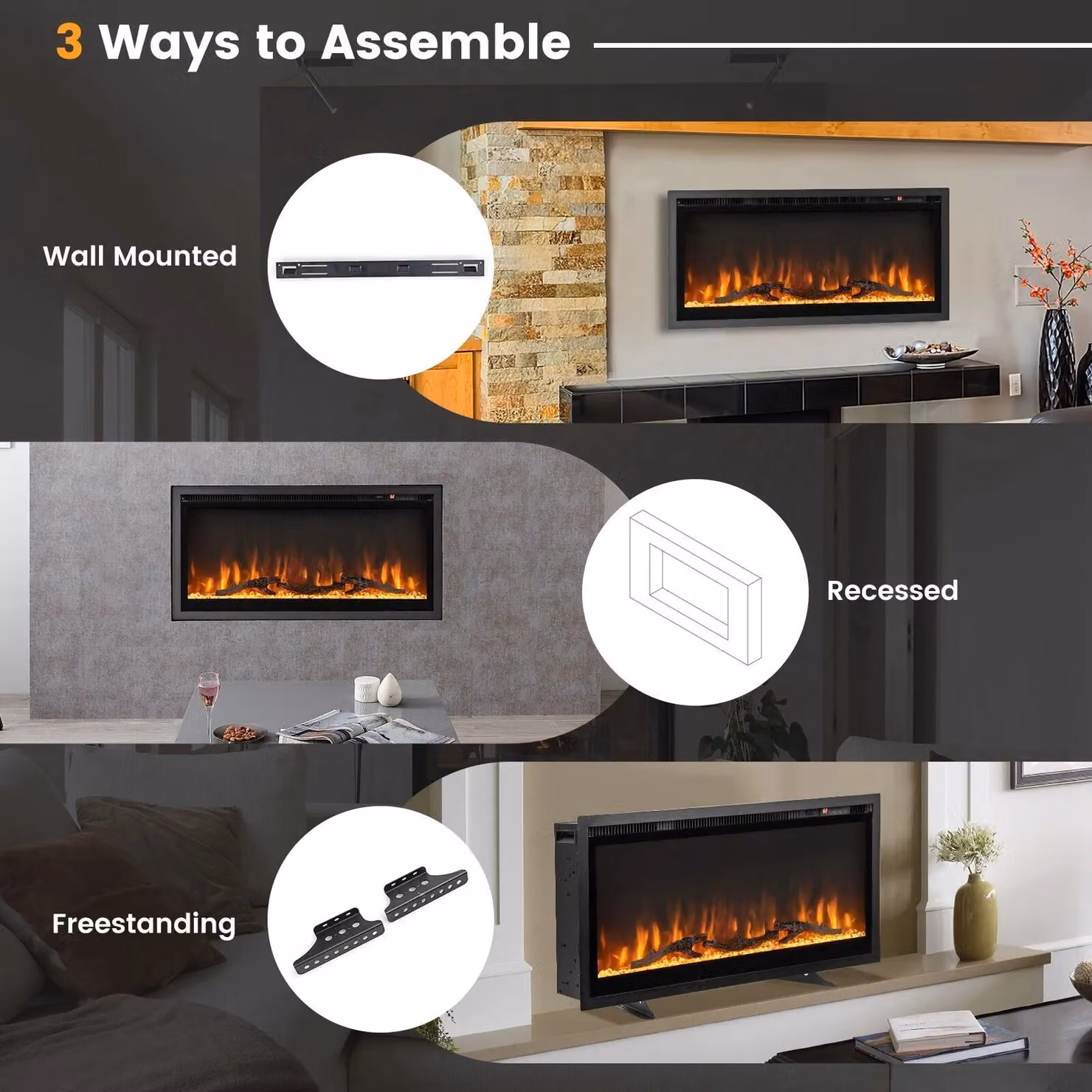Costway 36 Inch Black Electric Wall-Mounted or Freestanding Glass Fireplace – 5
