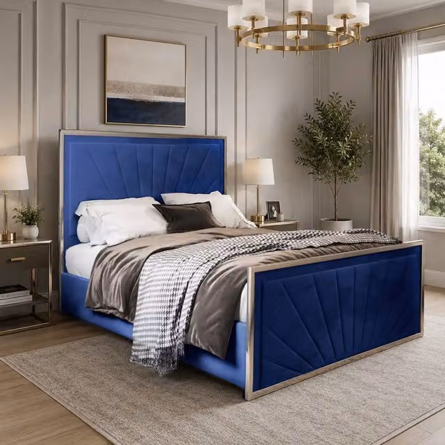Casani Somerton Blue Velvet Upholstered Metal Designer Bed Frame, W/D/H: 200 x 137 x 200 cm