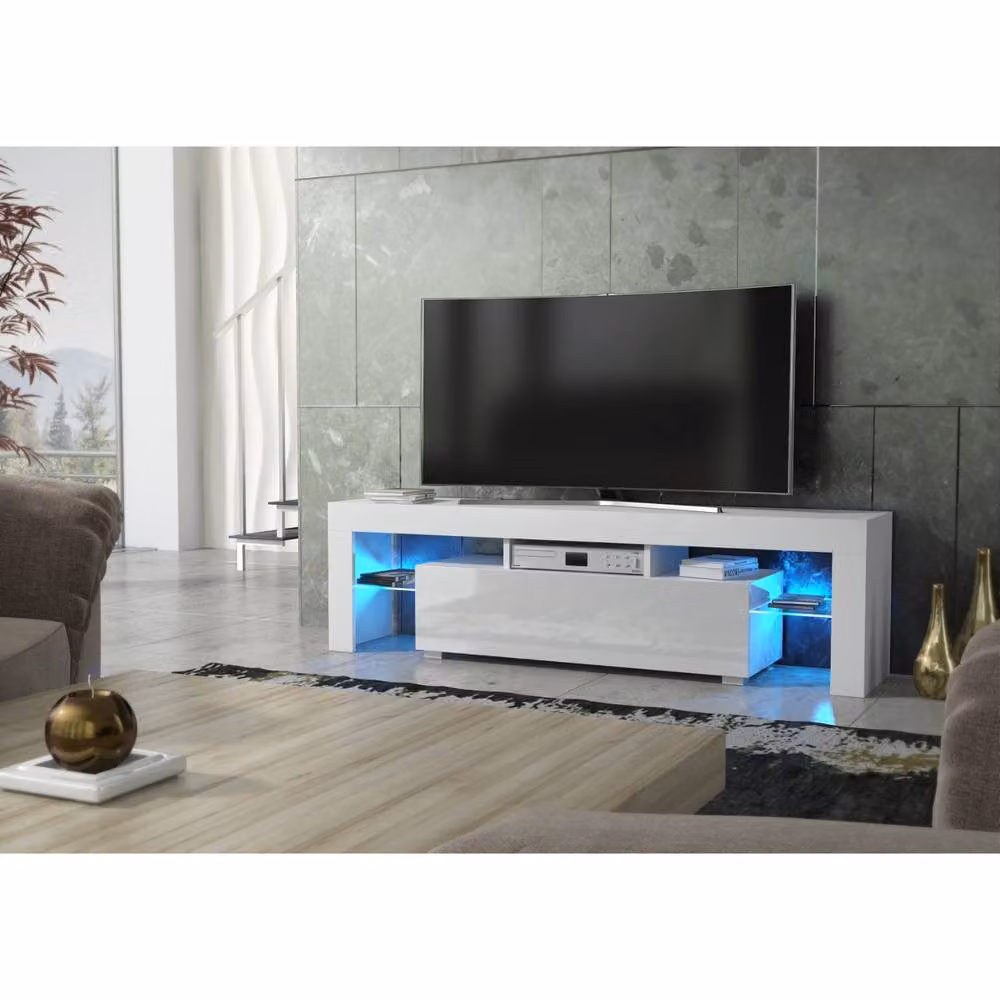 Mex Furniture LTD Aria Modern TV Unit in White with Glossy MDF Finish and Integrated LED Lighting, W: 160 cm, D: 35 cm, H: 45 cm – 2