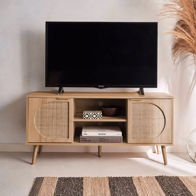 Sweek Modern Wooden Effect TV Unit with Rounded Cane Rattan Doors in Light Brown, Width: 120 cm – 1