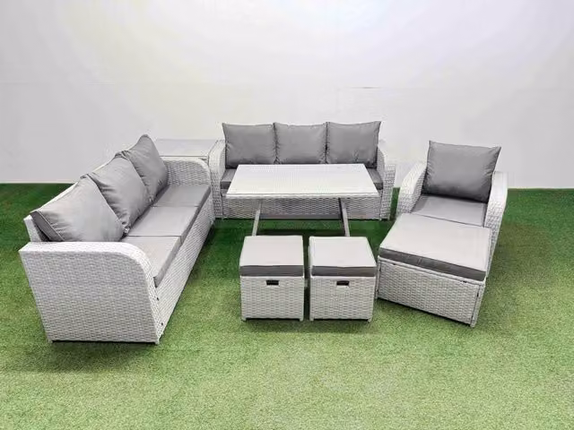 Fimous 8 Piece U-Shape Outdoor PE Rattan Garden Furniture Set in Light Grey with Upholstered Cushions, Coffee Table and Ottoman