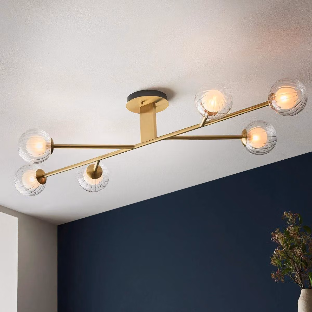 Netlighting ROME Dimmable Multi Arm Semi Flush Ceiling Lamp with Yellow Glass and Gold/Brass Finish – 2