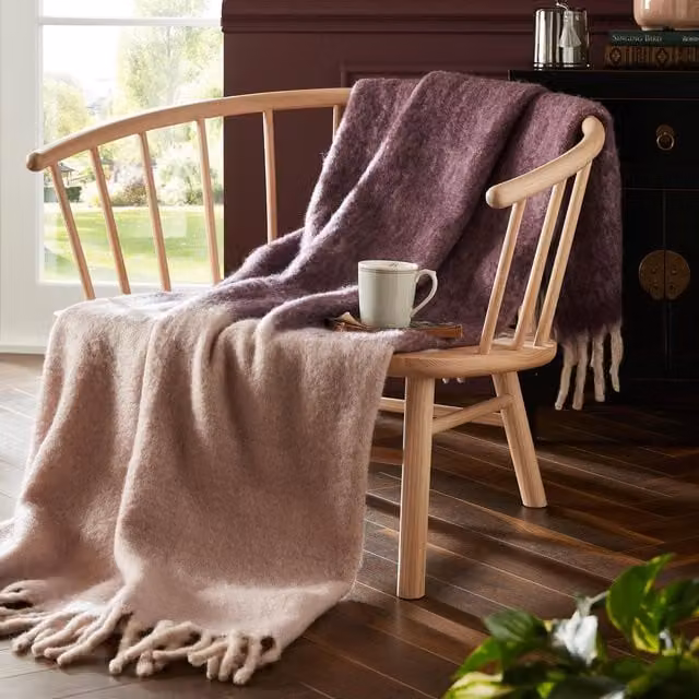 Laura Ashley Bronwen Woven Wool Blend Throw with Fringes, Purple, W: 130 cm, L: 170 cm
