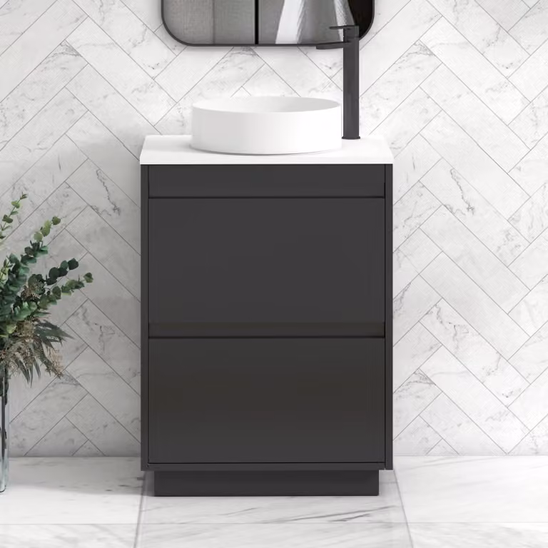 Royal Bathrooms Orion 600mm Matt Obsidian Black and Plain White 2 Drawer Floor Standing Vanity Unit with Art Basin and Black Accent Trim