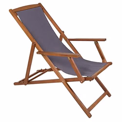 Charles Bentley FSC Acacia Wood Deck Chair with Grey Polyester Fabric and 3 Reclining Positions, W/D/H: 107 x 94 x 61 cm – 1