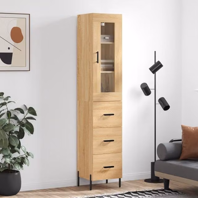 Berkfield Home Sonoma Oak Highboard in Brown with Glass Doors, W/D/H: 34.5 x 34 x 180 cm