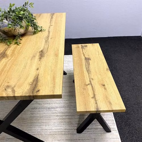 KOSY KOALA Modern Rectangular Dining Table and 2 Benches Set in Brown and Grey with X-Frame Metal Legs – 2
