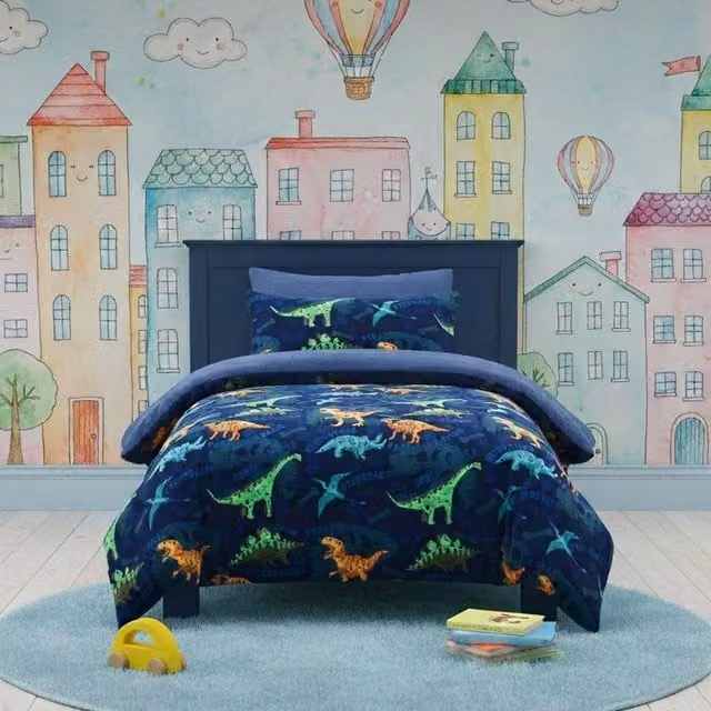 Snug City Dinosaur Kids Teddy Duvet Cover and Pillowcase Set, Blue, Single (90 x 200 cm)