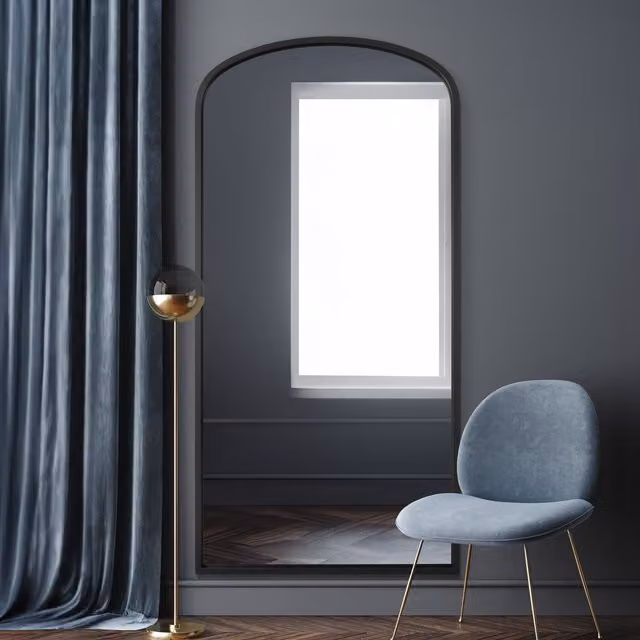 MirrorOutlet Angustus Modern Metal Framed Arched Wall Leaner Mirror, Black, Height: 170 cm