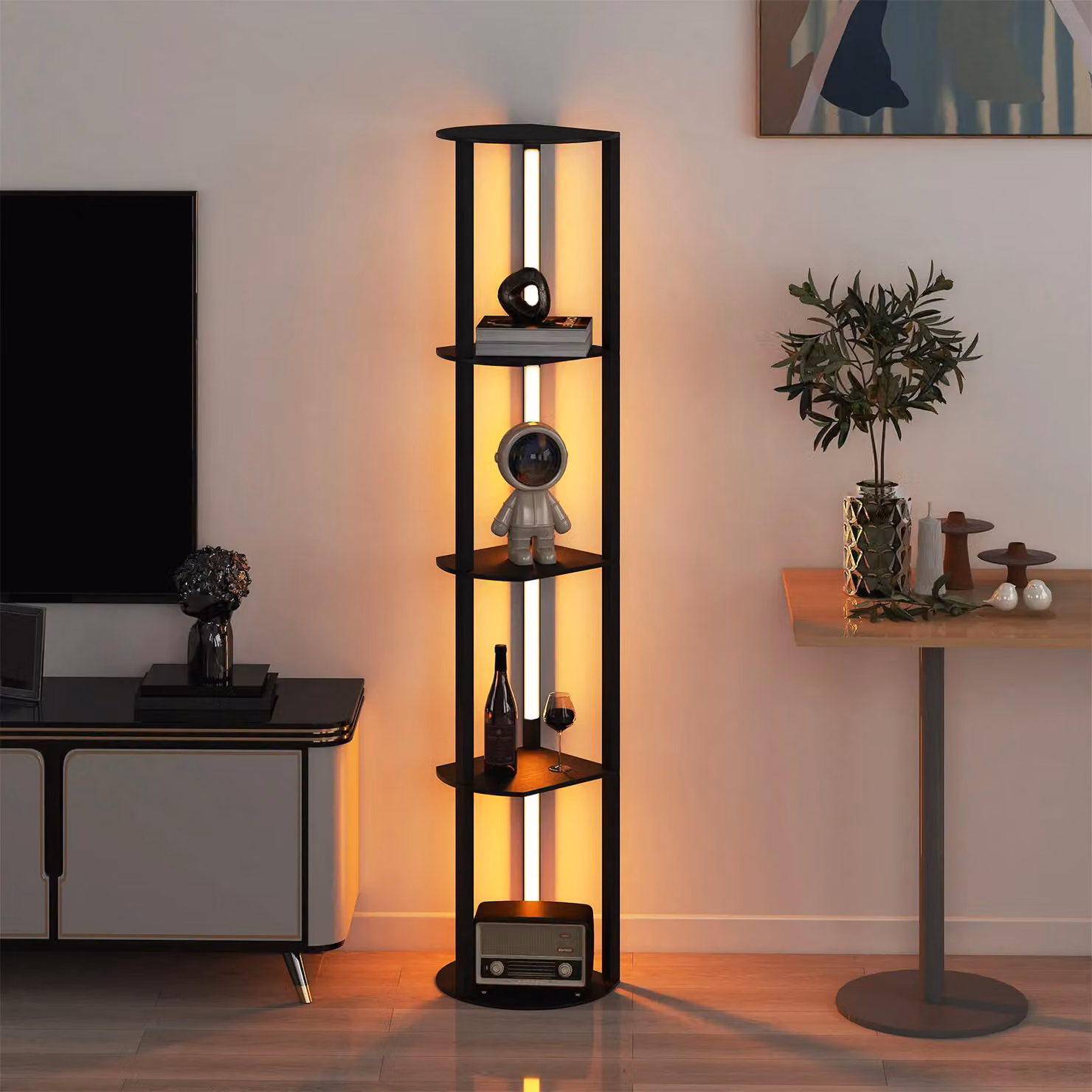 Costway Modern Wood Display Rack Floor Lamp with 4 Adjustable LED Strips in Black – 4