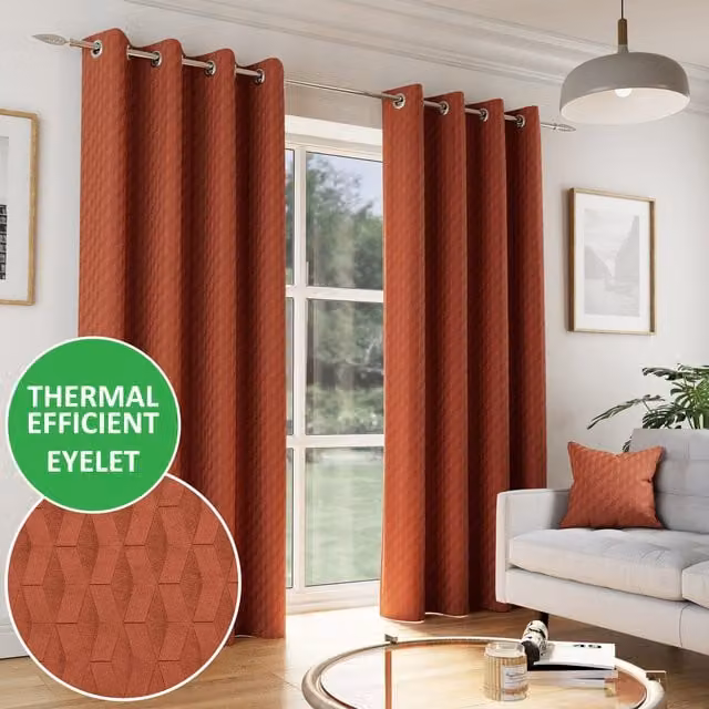 Enhanced Living Tokyo Velvet Embossed Eyelet Thermal Darkening Curtains, Orange, Pair