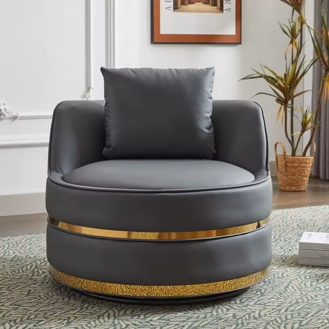 Matteo Grey Synthetic Leather 360 Degree Swivel Barrel Accent Chair with Gold Trim