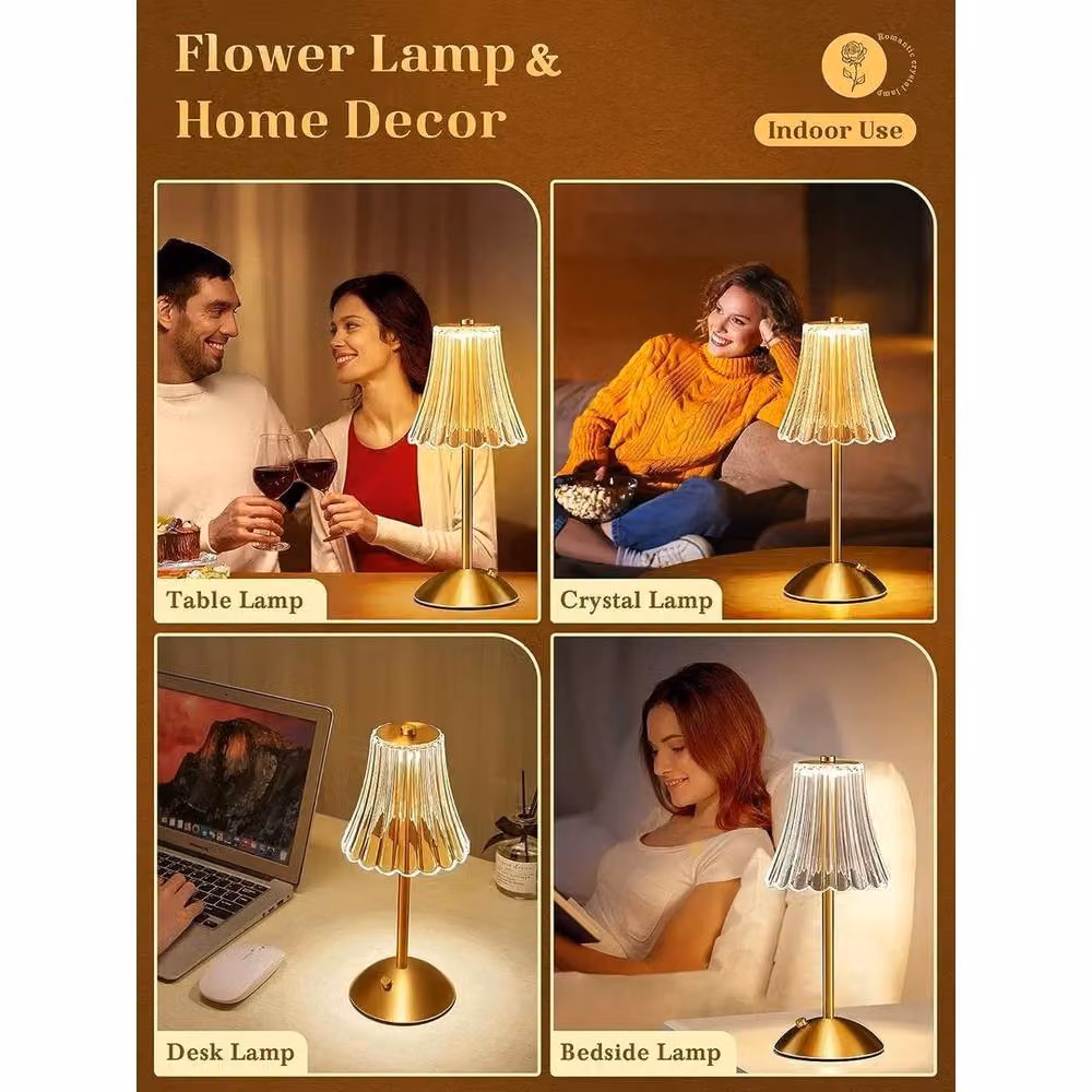 PAWNORA Modern LED Table Lamp in Gold/Brass with USB Rechargeable Battery and Touch Control – 4