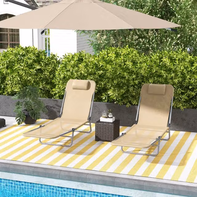 Outsunny Set of 2 Foldable Outdoor Sun Loungers with Adjustable Headrest in Brown and Beige