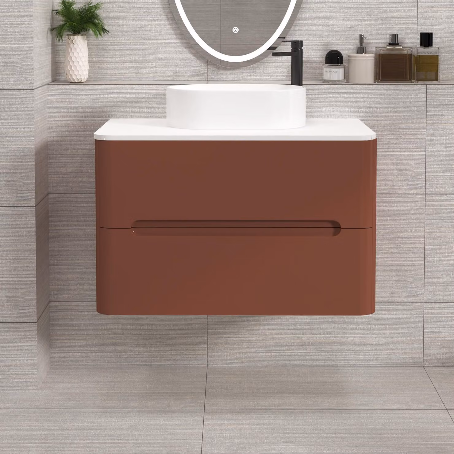 Royal Bathrooms Venice 800mm Wall Hung Vanity Unit in Terracotta Clay with 2 Drawers and Plain White Worktop and Peak Basin