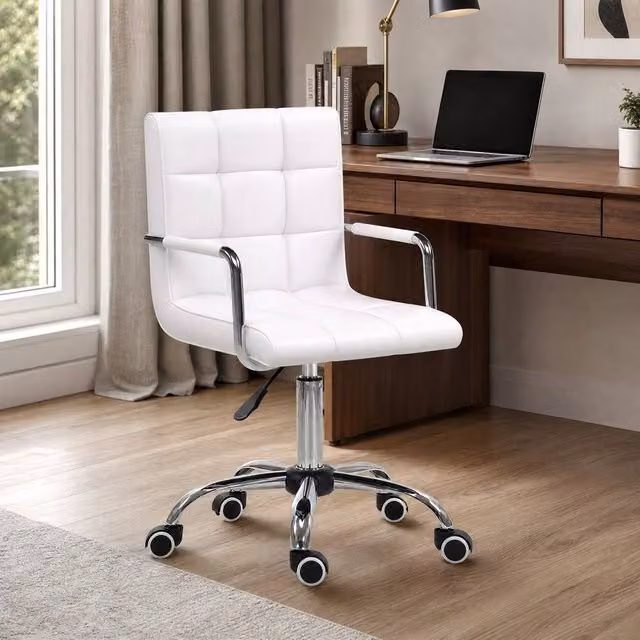 STILVORA White Synthetic Leather Task Chair with Armrests and Swivel Function – 1