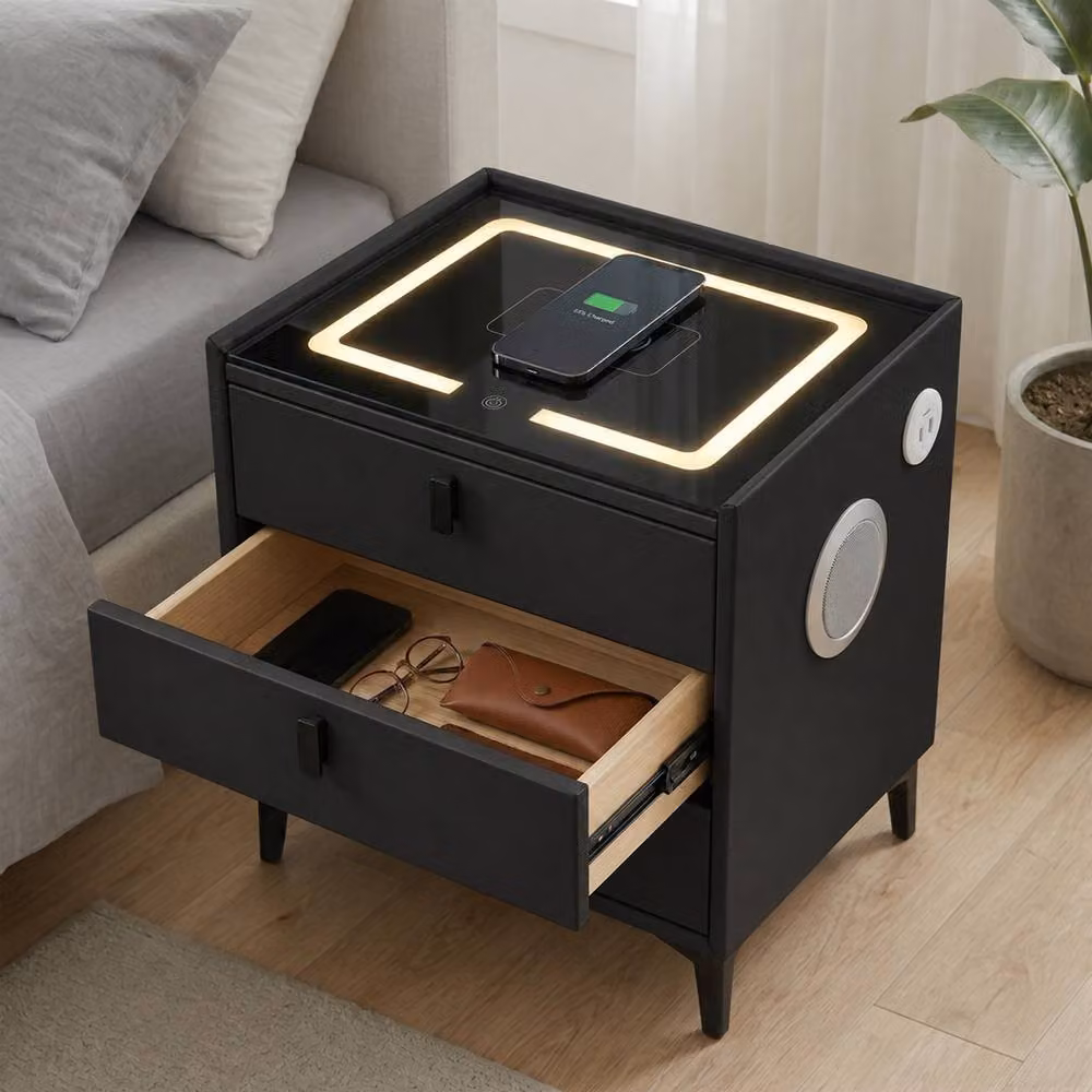 MN Furniture Modern Bedside Table with LED Lighting, Wireless Charging, Bluetooth and 3 Drawers in Black – 2