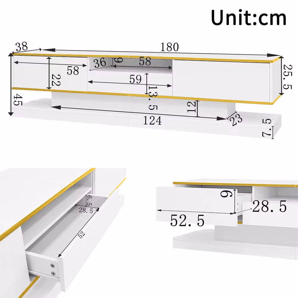 BTM Modern Glossy Black TV Cabinet with Integrated Lighting and Media Compartments, W: 180.0 cm, D: 38.0 cm, H: 45.0 cm – 2