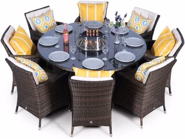 Thats Furniture Savannah 8 Seater Round Rattan Dining Set with Fire Pit in Brown