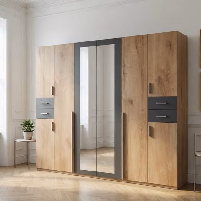 KDMD Vegas Oak Modern 6 Door 4 Drawer Wardrobe in Brown and Grey, Width: 270 cm