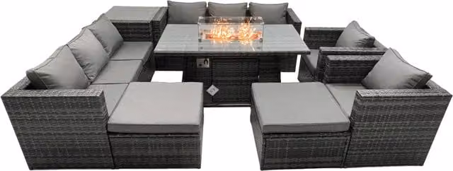 Fimous 10 Seater Rattan Garden Firepit Dining Set in Dark Grey Mixed Rattan with Dark Grey Fabric