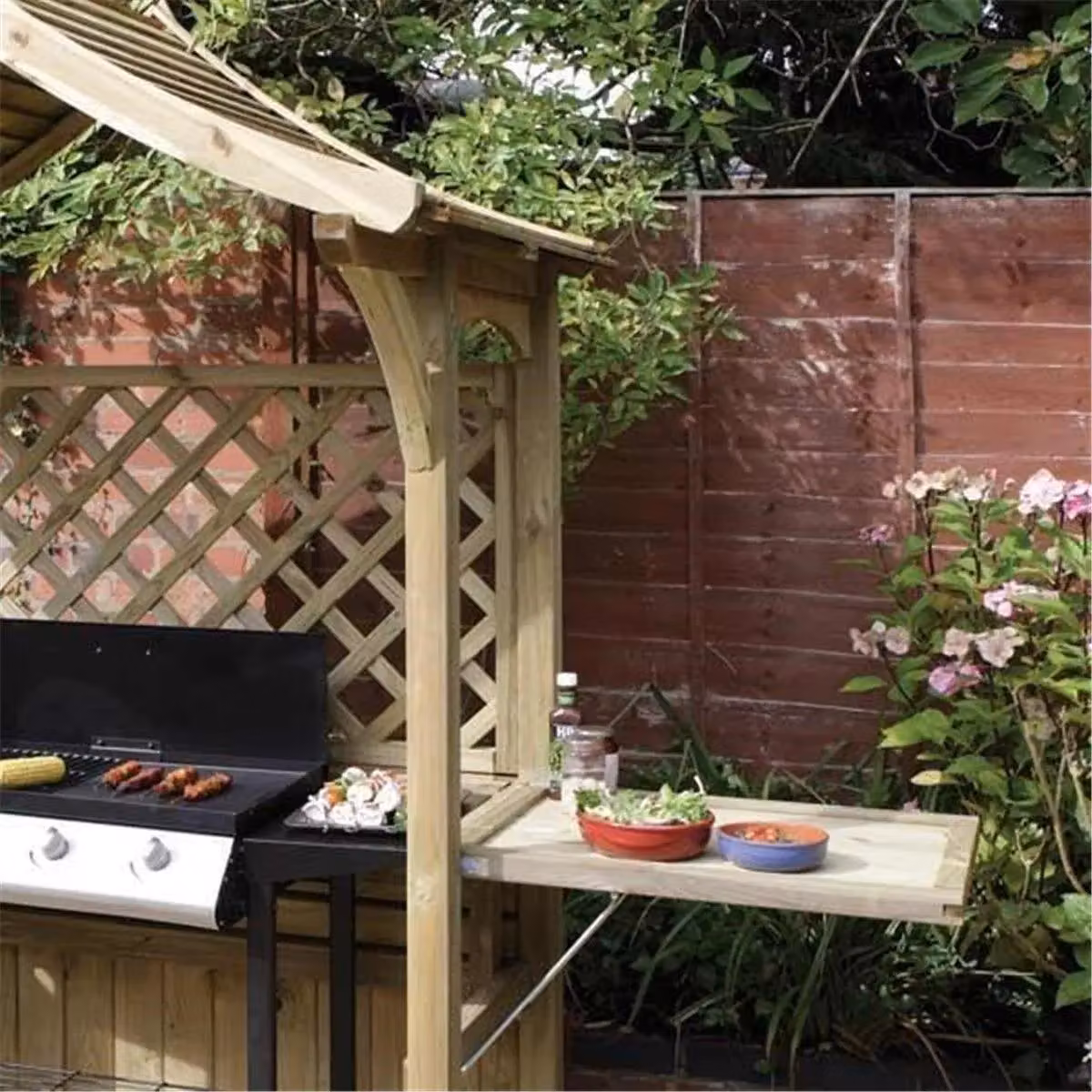 Cheshire Pressure Treated Wooden Arbour with Side Shelves and Open Lattice in Light Oak – 2