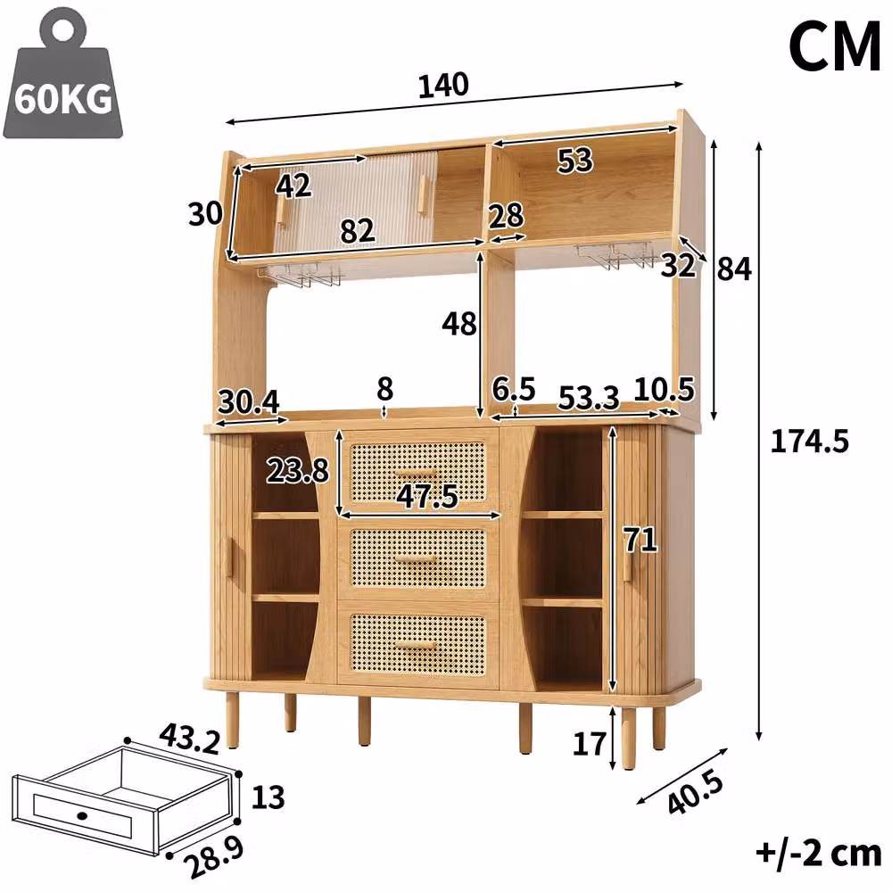 ModernLuxe Vintage Brown Kitchen Tall Unit with Sliding Glass Doors and Internal Drawers, H: 174.5 cm, W: 59.4 cm, D: 40.5 cm – 2