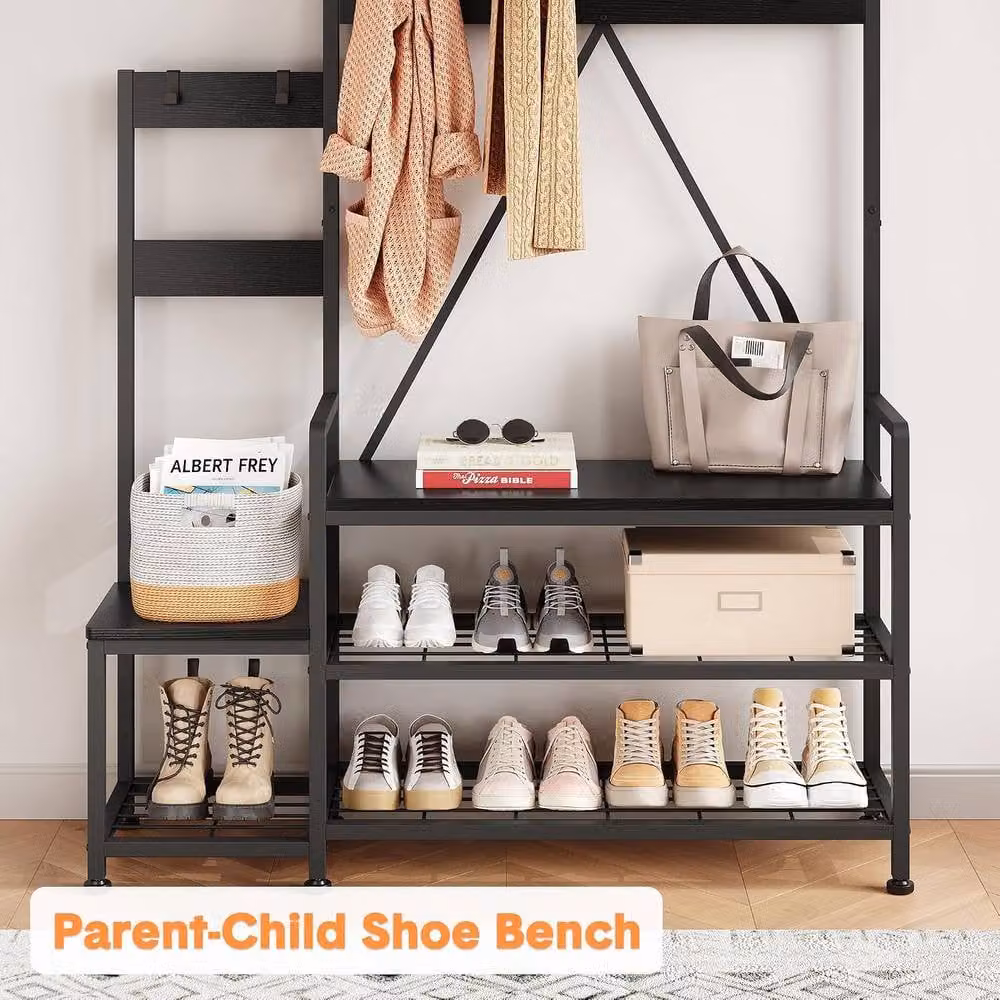 London Boutique Industrial Hall Tree with Shoe Rack Bench and Hooks in Black – 3