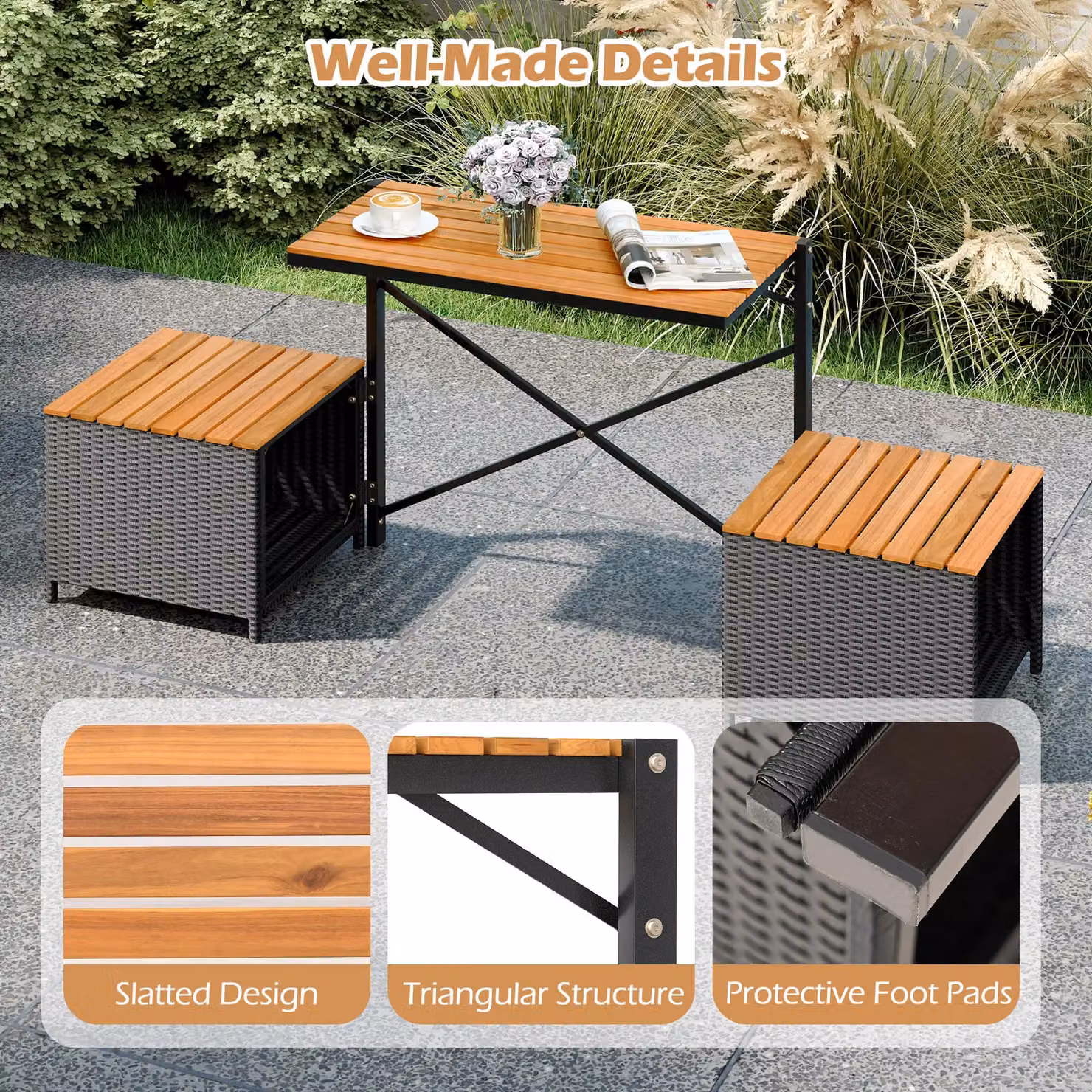Costway Brown Acacia Wood and Metal Patio Furniture Set with Raised Garden Bed Table and Built-in Chairs – 6