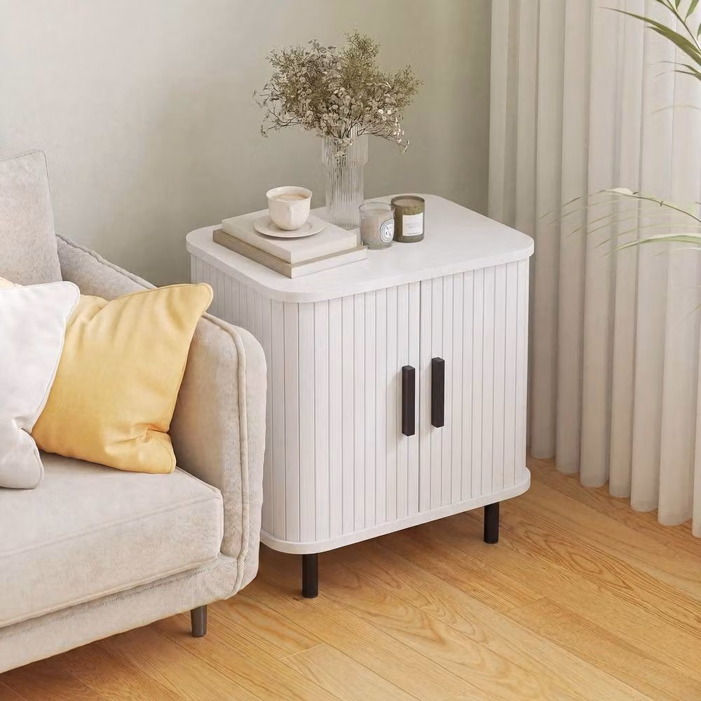 NESTLUNE Modern White Nightstand with Sliding Doors and Metal Legs – 5