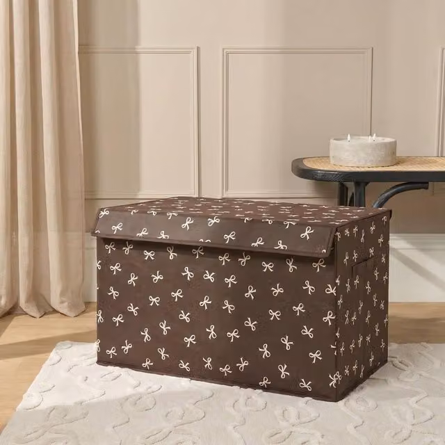 OHS Bows Foldable Fabric Toy Organiser Storage Box with Lid, Brown, Large