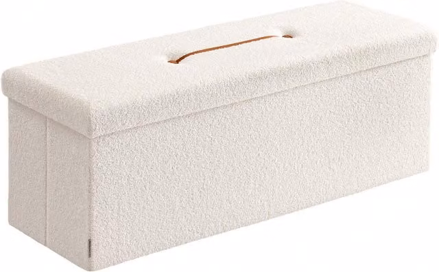 SONGMICS Smile Design Folding Storage Ottoman in White Bouclé Fabric with Removable Lid