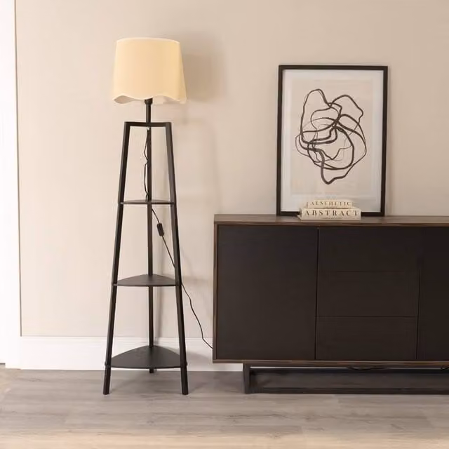ValueLights Hiru 3 Tier Wood Shelf Floor Lamp in Black with White Fabric Scallop Shade and Included LED Bulb – 1