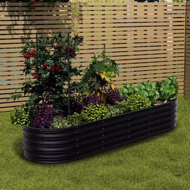 Livingandhome Anthracite Silver Galvanised Steel Oval Raised Garden Bed, Width: 240 cm