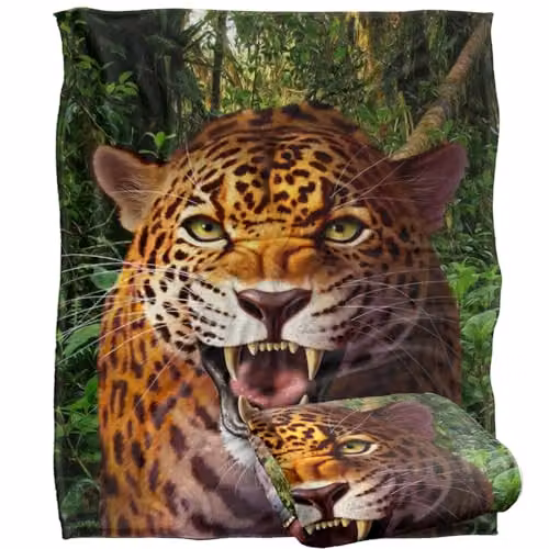JQ Licensing JLo Leopard Hunting Silky Touch Super Soft Fleece Throw Blanket, White and Multicolour, W/D/H: 152 x 127 cm