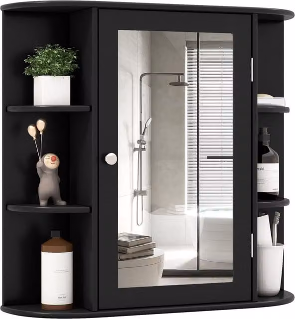 Gymax Black Mirrored Wall Mounted Medicine Cabinet with Adjustable Internal Shelves and Hinged Glass Doors – 1