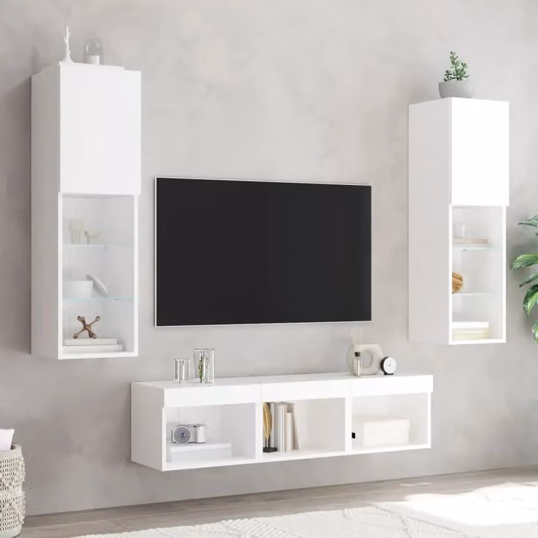 Berkfield Home 5 Piece Modern White Wall Mounted TV Unit Set with Integrated LED Lighting and Glass Details