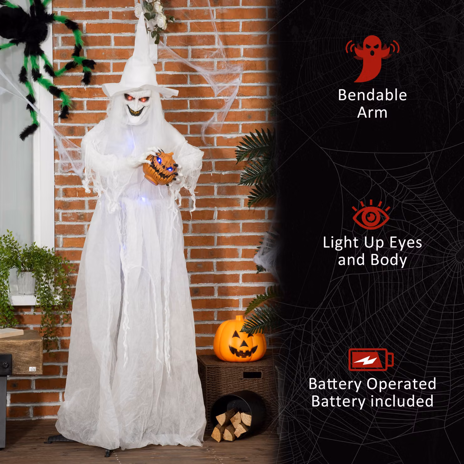 Outsunny White Witch Halloween Decoration, Life Size Standing Skeleton Ghost Prop with Motion Activated Light Up Eyes, Height: 182.88 cm – 5