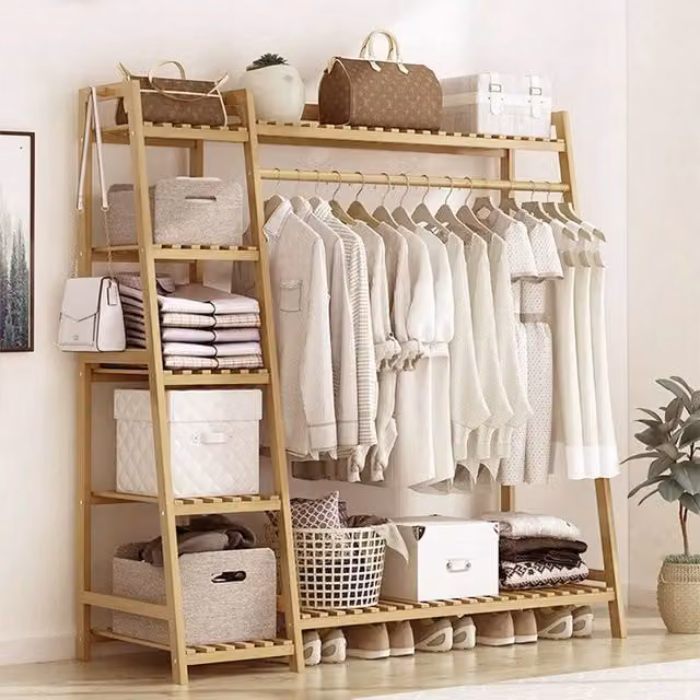 KORVIXA Bamboo Wood Clothes Rail Rack in Brown