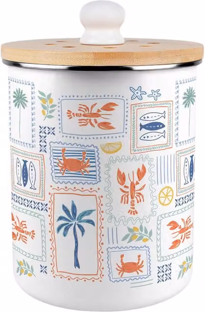Purely Home Mediterranean Summer Metal Kitchen Compost Bin with Flip Lid, 2 l, Blue and White