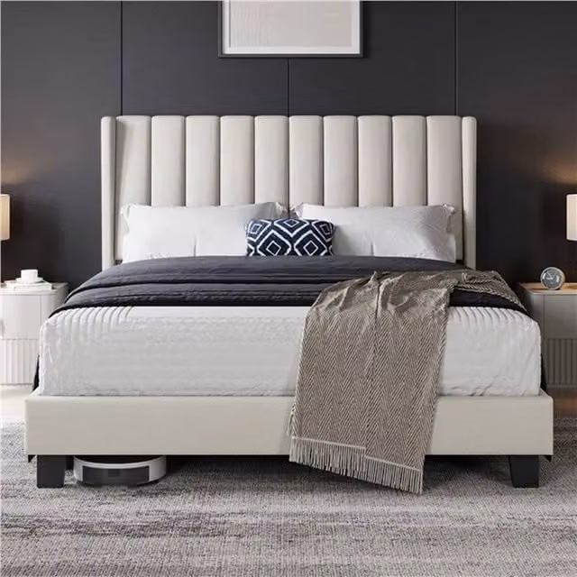 Kelvenix King Upholstered Bed Frame in Beige, W/D/H: 150 x 200 x 104 cm – 1