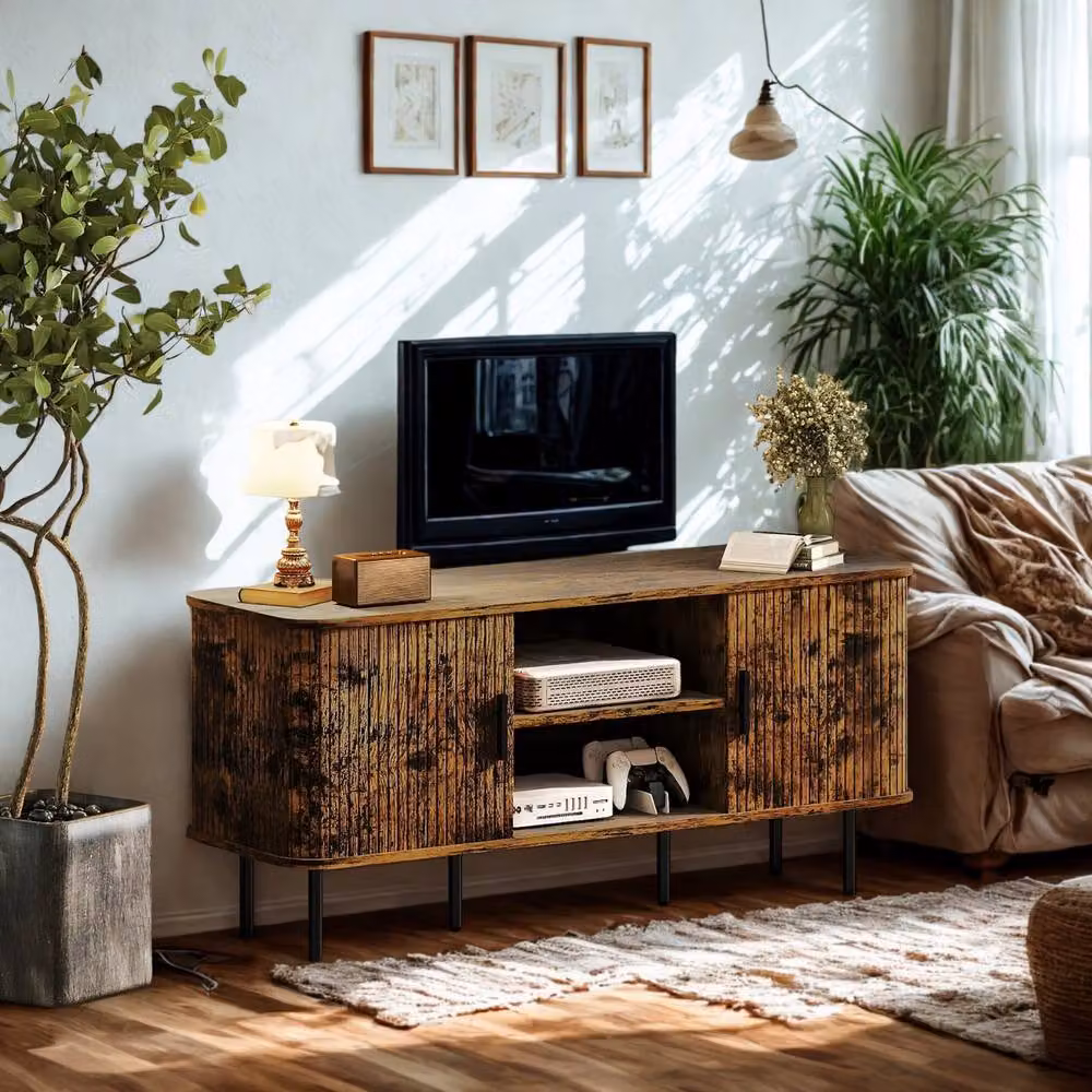 FURNOS Industrial TV Stand Unit with Storage Cabinets in Brown and Black, W/D/H: 120 x 40 x 55 cm – 3