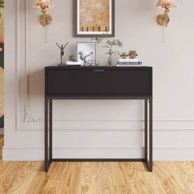VOGREX Black Modern Console Table with MDF Top and Metal Frame for Hallway or Living Room