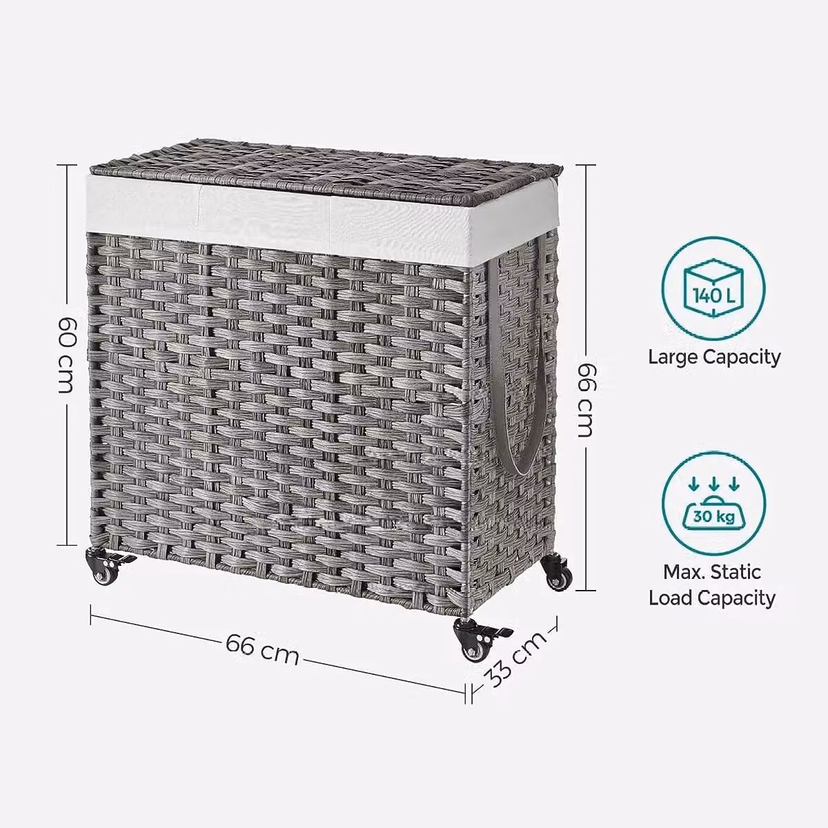 SONGMICS Woven Laundry Basket with Wheels, 3 Compartments and Removable Bag, Grey, H 66 x W 120 x D 42.1 cm – 2