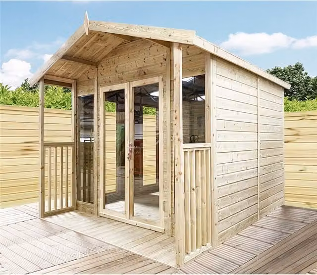 Marlborough 8ft Apex Summerhouse with Verandah and Long Windows in Green and Yellow