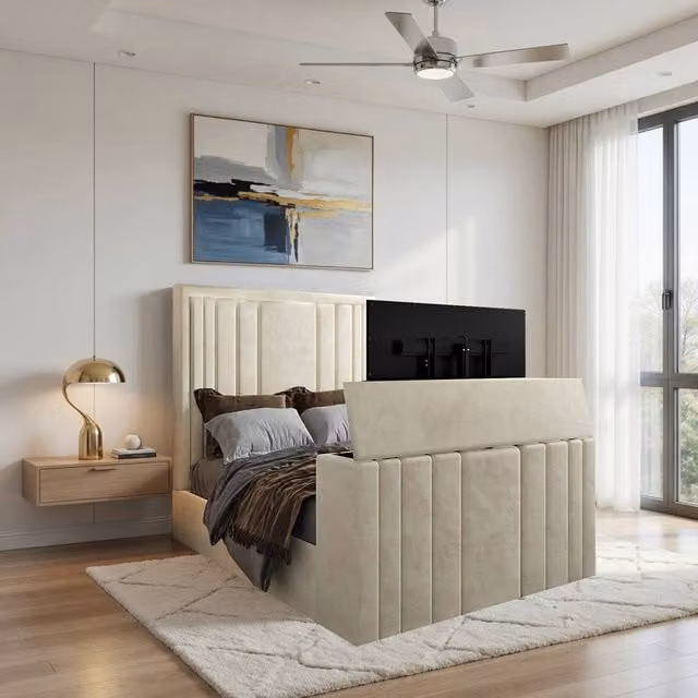 KDMD Ashburnham Bespoke Upholstered Soft Velvet TV Bed Frame in Cream, Double (W: 140 cm x L: 200 cm) – 1