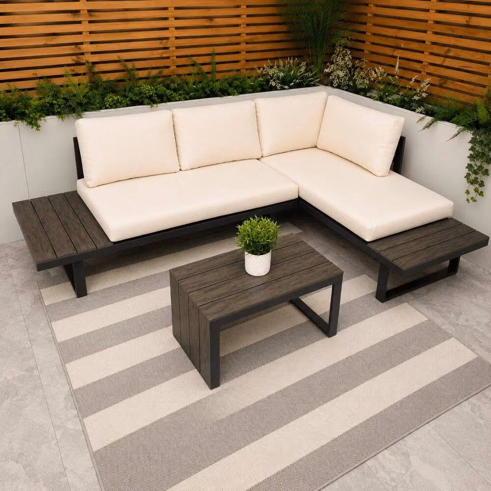Modish Furnishing Naples 4 Seater Modular L-Shape Corner Sofa Chaise Garden Set with Coffee Table in Cream Powder Coated Aluminium – 2