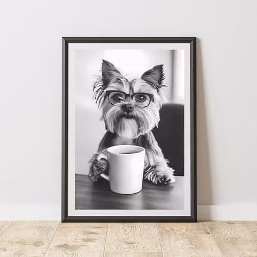 60 Second Makeover Yorkshire Terrier Drinking Coffee Paper Poster, A4, Multicolour