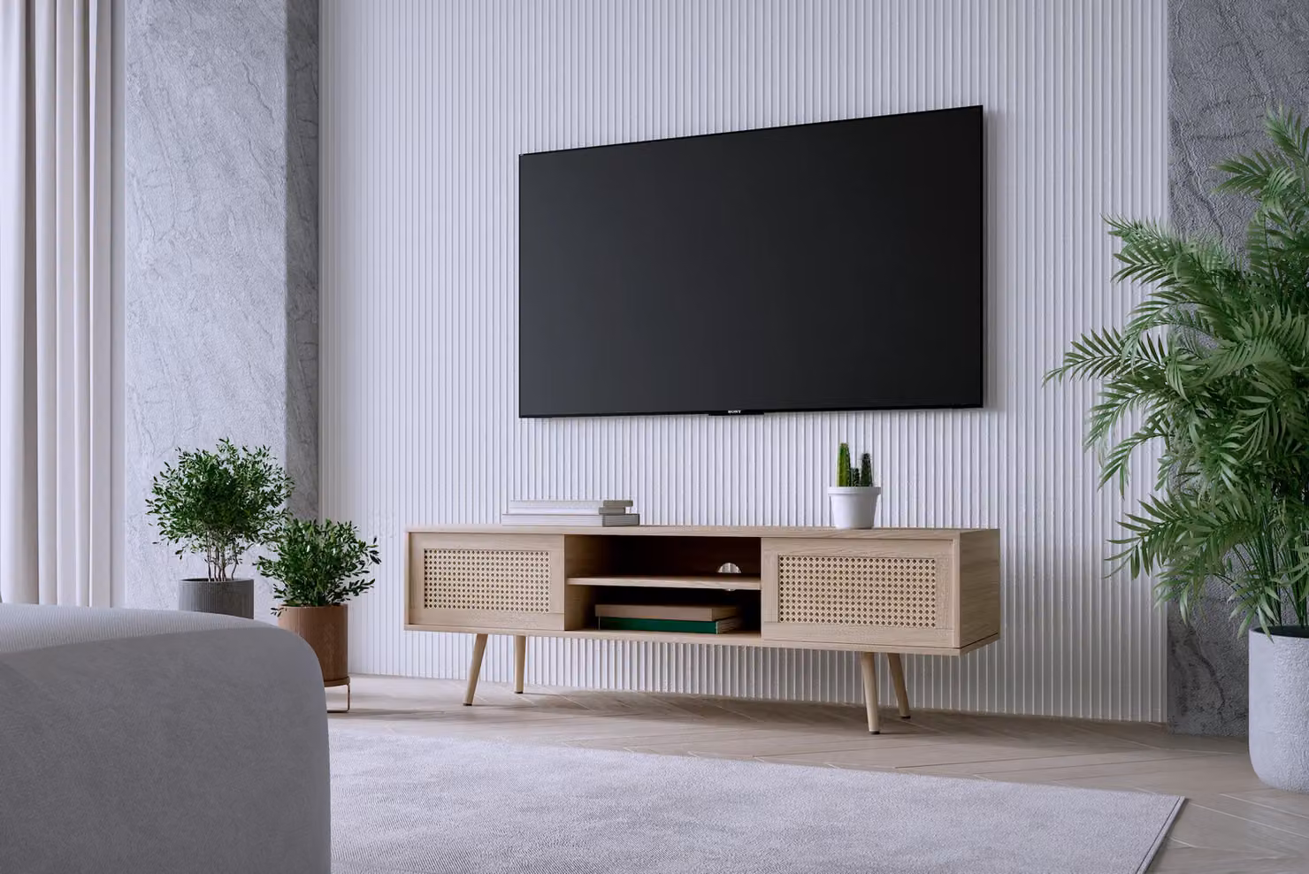 Moderna Scandi Style TV Stand in Brown with Wood and Rattan Doors, Width: 140 cm – 3